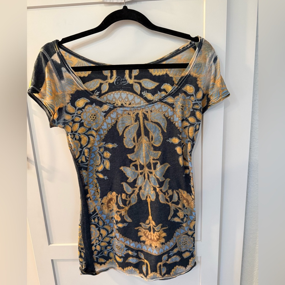 Lucky Brand “Cold Crush” Gold Floral Scoop Neck Top